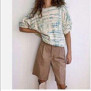 Free People Cosmos Pullover Plaid Ribbed Oversized Ivory Blue Sweater size XS